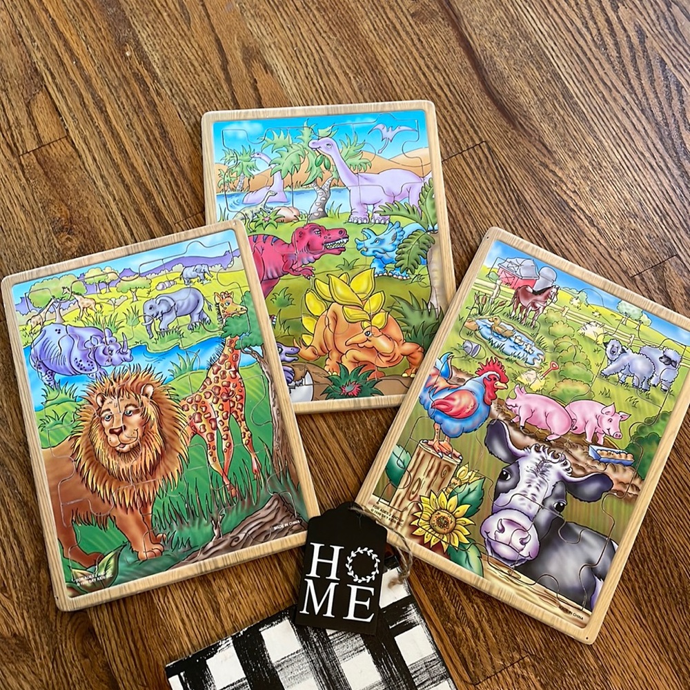 Vintage 1999 Sky Kids Wooden Puzzles Set of 3 Farm Jungle Dinosaurs